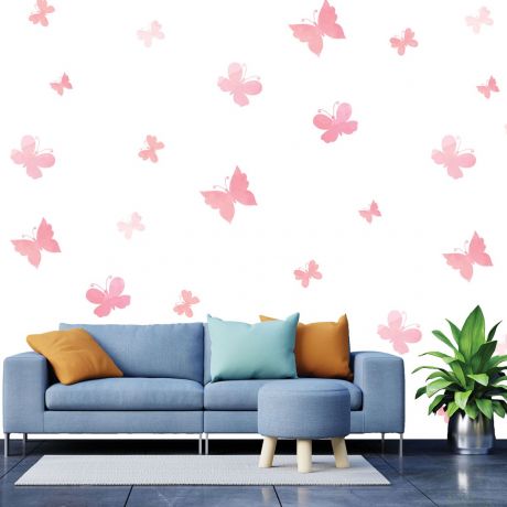 Set of 20 Pink Butterfly Wall Stickers, Watercolour effect Pattern for kids room wall stickers