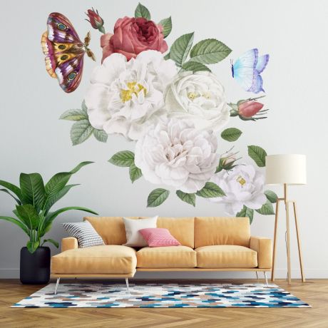 Peonies Floral Wall Sticker, Floral White Roses Vinyl Wall Stickers, Roses Decals for Home decor