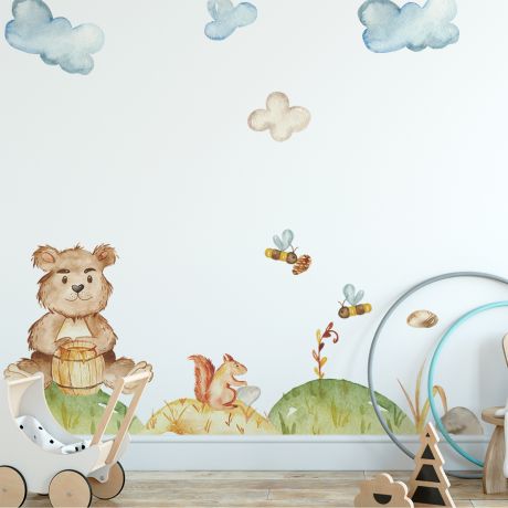 Bear with Honey and Honey bee Animal wall sticker for children, Kids room wall decal for Home decoration