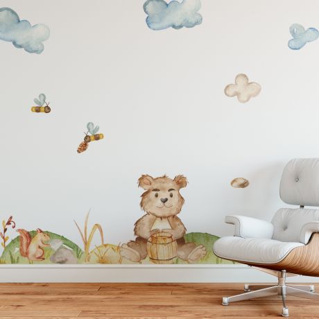 Bear with Honey and Honey bee Animal wall sticker for children, Kids room wall decal for Home decoration