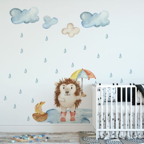 Hedgehog with Umbrella Nursery Wall Sticker, Animal wall sticker for children, Kids room wall decal for Home decoration