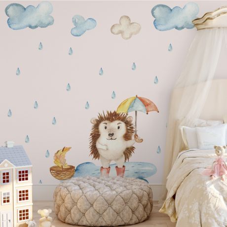 Hedgehog with Umbrella Nursery Wall Sticker, Animal wall sticker for children, Kids room wall decal for Home decoration