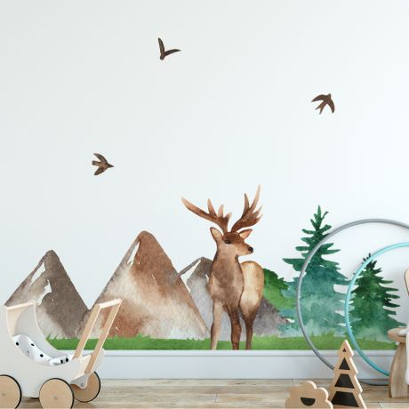 Deer in Mountains and Trees Sticker, Animal wall sticker for children, Kids room wall decal for Home decoration