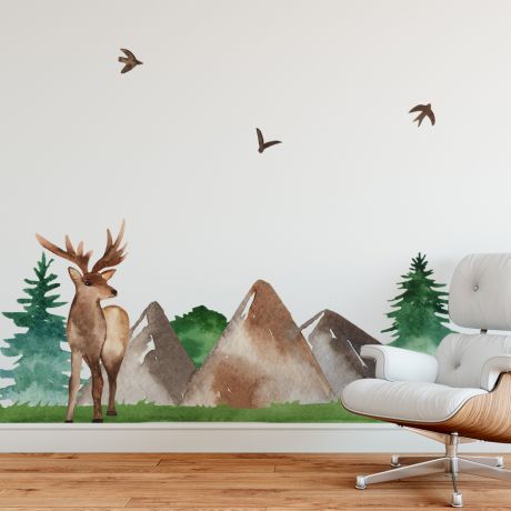 Deer in Mountains and Trees Sticker, Animal wall sticker for children, Kids room wall decal for Home decoration