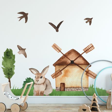 Bunny with windmill Animal wall sticker for children, Kids room wall decal for Home decoration