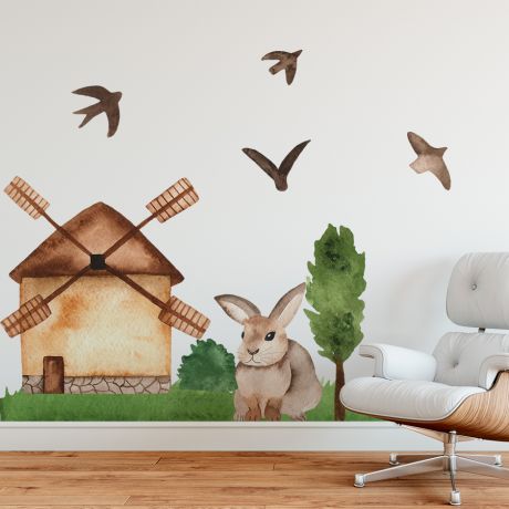 Bunny with windmill Animal wall sticker for children, Kids room wall decal for Home decoration