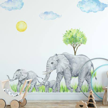Elephant Family Nursery Wall Decor, Animal wall sticker for children, Kids room wall decal for Home decoration