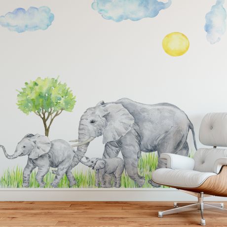 Elephant Family Nursery Wall Decor, Animal wall sticker for children, Kids room wall decal for Home decoration