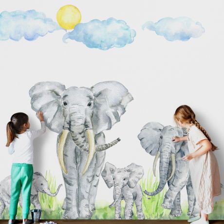Elephant Family Nursery Wall Décor, Animal wall sticker for children, Kids room wall decal for Home decoration