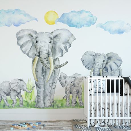 Elephant Family Nursery Wall Décor, Animal wall sticker for children, Kids room wall decal for Home decoration