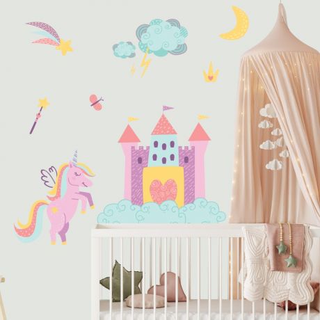 Unicorn Castle Wall Stickers Fantasy Girls Bedroom Wall Art