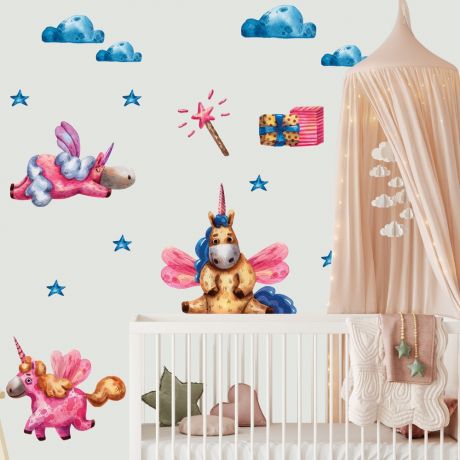 Watercolour Magical Unicorn Wall Stickers Fantasy Girls Bedroom Wall Art