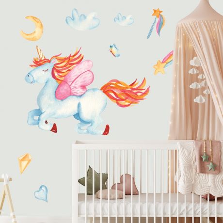 Watercolour Flying Unicorn Wall Stickers Fantasy Girls Bedroom Wall Art