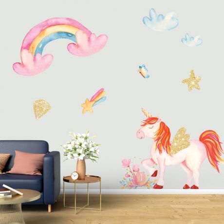 Unicorn Wall Stickers with Golden Objects Fantasy Girls Bedroom Wall Art