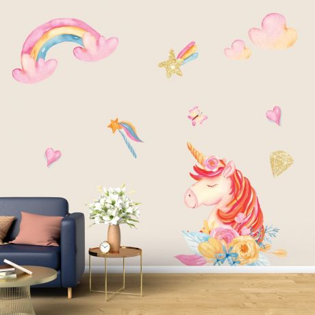 Unicorn Wall Sticker set with Golden Objects Fantasy Girls Bedroom Wall Art