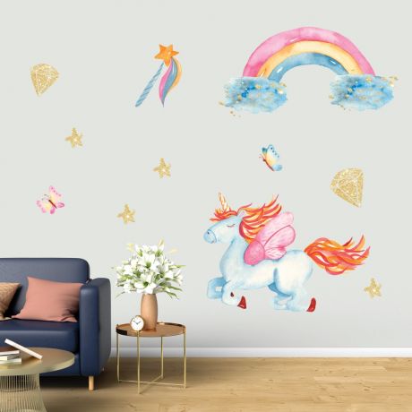 Flying Blue Unicorn Wall Stickers Fantasy Girls Bedroom Wall Art