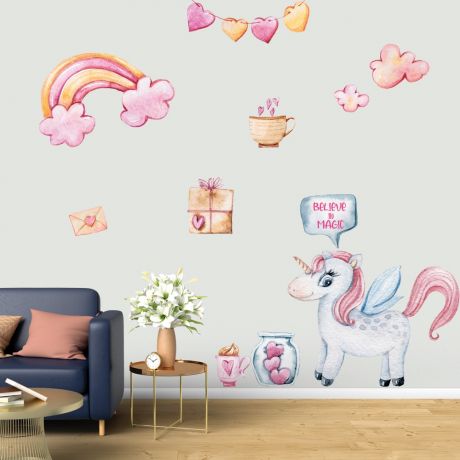 Believe in Magic Watercolour Unicorn Wall Stickers Fantasy Girls Bedroom Wall Art