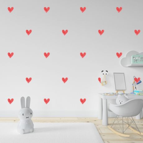 Set of 84 Red Watercolour Hearts Wall Decals, Pattern for kids room wall stickers