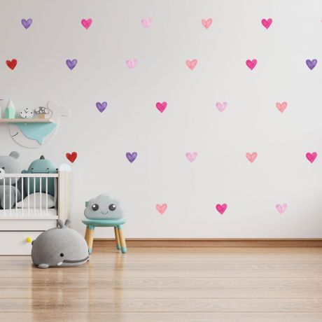 Set of 75 Multicolour Watercolour Hearts Wall Decals, Pattern for kids room wall stickers