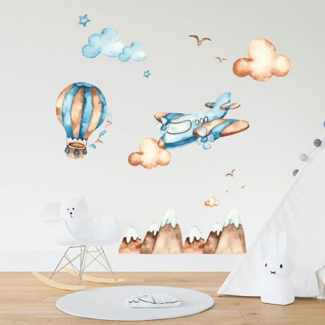 Hot Air Balloons Watercolour Wall Decals, Hills Birds Clouds for kids room wall stickers