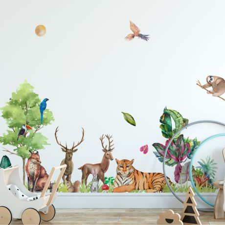 Big Wall sticker Set for Kids Tiger, Deer, Birds, Fox, Monkey, Cute Safari Animals, Wall Stickers Decor Zoo Wall Decal, Nursery wall sticker