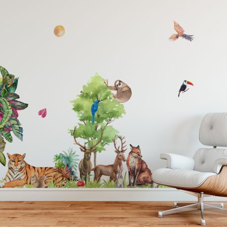 Big Wall sticker Set for Kids Tiger, Deer, Birds, Fox, Monkey, Cute Safari Animals, Wall Stickers Decor Zoo Wall Decal, Nursery wall sticker