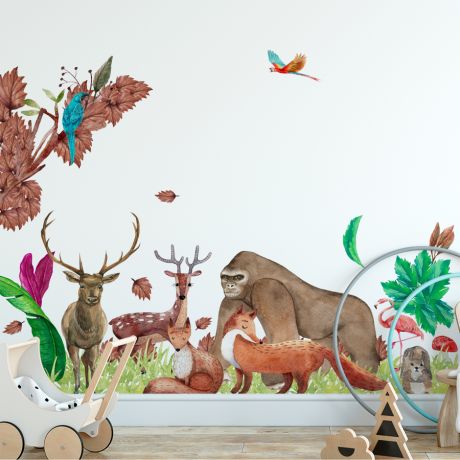 Cute Safari Animals, Big Wall sticker Set for Kids, Monkey, Fox, Deer and Birds Wall Stickers Decoration, Zoo Wall Decal, Nursery Sticker