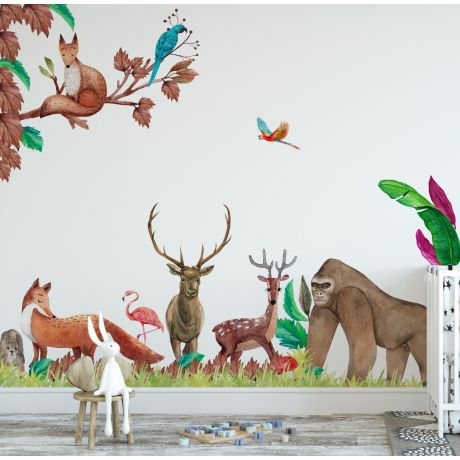 Cute Safari Animals, Big Wall sticker Set for Kids, Monkey, Fox, Deer and Birds Wall Stickers Decoration, Zoo Wall Decal, Nursery Sticker