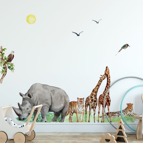 Animal Watercolor Stickers, Jurassic Park Theme Stickers, Wall Mural Decals, Tiger, Giraffee, Rhinoceros Zoo Wall Decal Nursery Wall Sticker