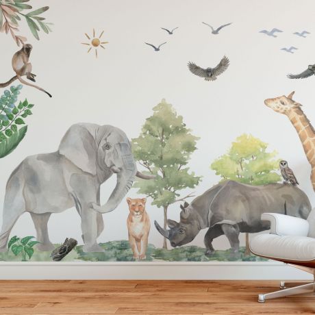 Animal Safari Watercolor Stickers, Jurassic Park Theme Stickers, Wall Mural Decals, Elephant, Lion and Zebra Wall Stickers, Home Wall Mural