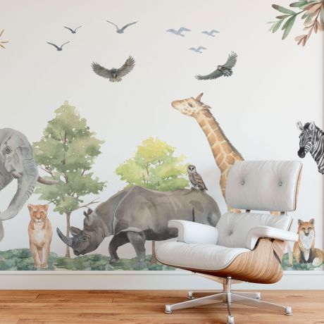 Animal Safari Watercolor Stickers, Jurassic Park Theme Stickers, Wall Mural Decals, Elephant, Lion and Zebra Wall Stickers, Home Wall Mural