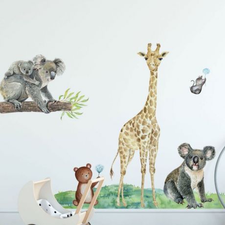 Animal Watercolor Stickers, Wall Decal Nursery Wall Sticker, Kids Room Decoration, Sloth, Teddy Dear, Giraffe, Mouse Sticker Wall Mural Gift