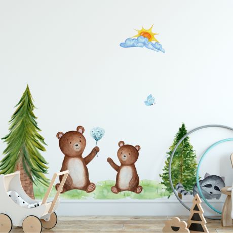 Teddy Bear Wall Sticker, Cute Bear with Sloth, clouds and Sun Rise Wall Stickers, Girls Bedroom Decoration, Nursery Kids Animal Watercolor