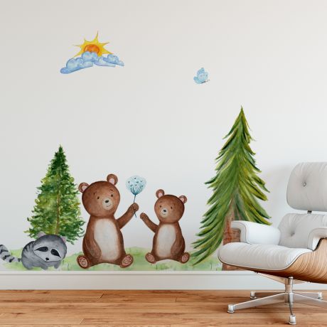 Teddy Bear Wall Sticker, Cute Bear with Sloth, clouds and Sun Rise Wall Stickers, Girls Bedroom Decoration, Nursery Kids Animal Watercolor