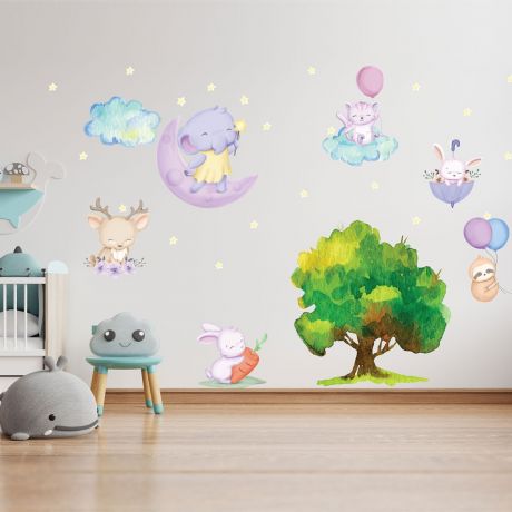 Fairy Animals Wall Sticker,Bunny Vinyl Wall Stickers, Bunny Stars Clouds Decals for Kids Room
