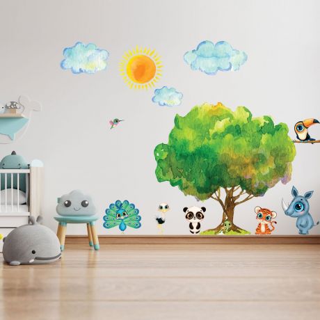 Jungle Animals Nursery Wall Stickers,Safari Animals Sun Cloud Wall Vinyl Wall Stickers for Kids Room