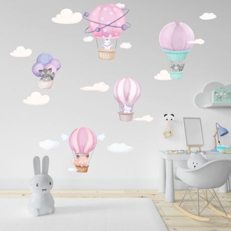 Fairy Animals Wall Sticker,Unicorn Parachute Vinyl Wall Stickers, Bunny Clouds Decals for Kids Room