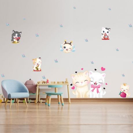 Fairy Kitty Animals Wall Sticker,Kitty Butterfly Vinyl Wall Stickers, Butterfly Hearts Decals for Kids Room