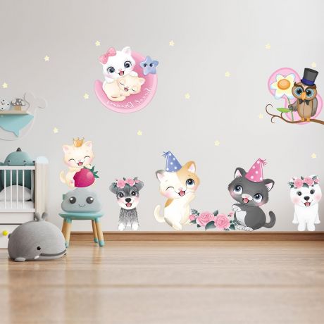 Animals Wall Sticker,Kitty Vinyl Wall Stickers, Owl Puppy Decals for Kids Room