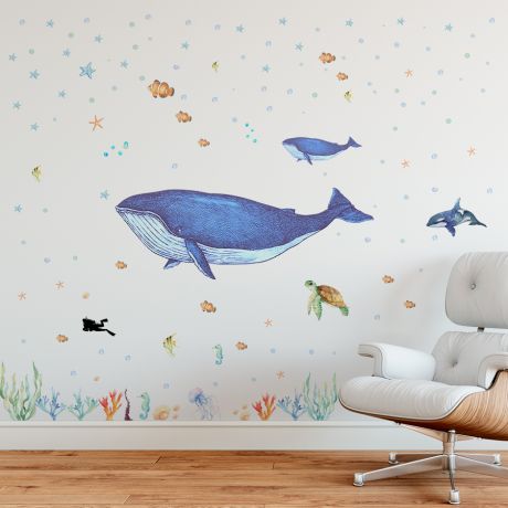 A blue whale and the Diver Fabric Wall Sticker, Wall Sticker, Watercolor Playroom Kids, Girl Bedroom