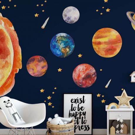 Space Sticker, Astronaut Wall Decal, Kids Room, Nursery Decor, Boys Room Wall Decal, Watercolour Solar System Decal,Girls Bedroom Decoration