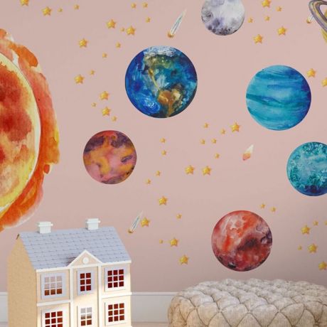 Space Sticker, Astronaut Wall Decal, Kids Room, Nursery Decor, Boys Room Wall Decal, Watercolour Solar System Decal,Girls Bedroom Decoration