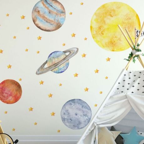 Watercolor Solar System Wall Stickers, Space Wall Decals, Kids Room Decor, Planets, Sun, Moon, Kids Bedroom Space, Nursery Playroom Solar