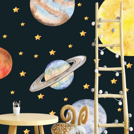 Watercolor Solar System Wall Stickers, Space Wall Decals, Kids Room Decor, Planets, Sun, Moon, Kids Bedroom Space, Nursery Playroom Solar