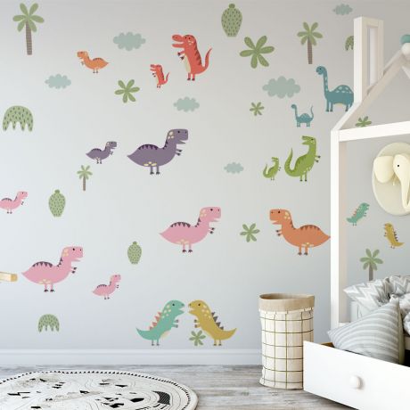Dino Set Paste, Wall sticker for kids, Children Dinosaur Wall Decals Set for Kids Bedroom, Nursery Watercolour Dino Stickers, Peel and Stick