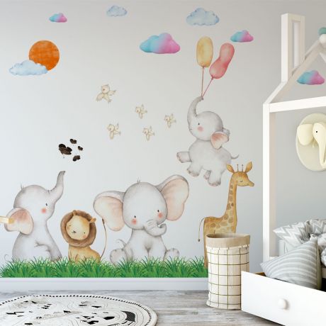 Kids Room Cute Animal Wall Stickers, Peel and Stick, Self Adhesive Wall Decals, Nursery Room Decoration, Nursery Watercolour Animal Decals