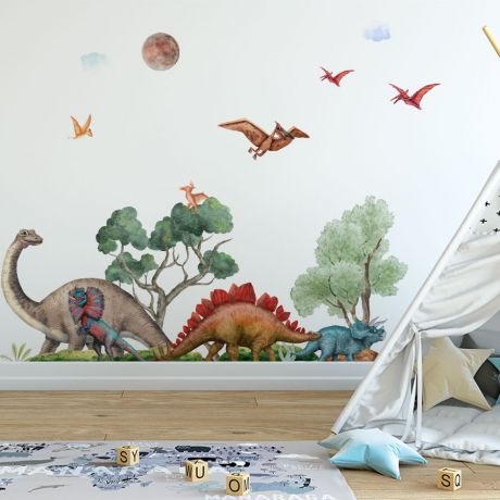 Nursery Kids Room Dinosaur Scenery Wall Stickers, Kids Room Decoration, Children Dino Jurassic Park Wall Decal, Dino Watercolour Vinyl Mural