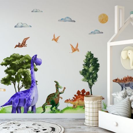 Dino Watercolour Vinyl Mural, Nursery Kids Room Dinosaur Scenery Wall Stickers, Kids Room Decoration, Children Dino Jurassic Park Wall Decal