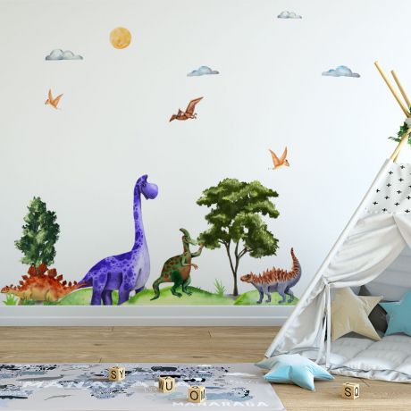 Dino Watercolour Vinyl Mural, Nursery Kids Room Dinosaur Scenery Wall Stickers, Kids Room Decoration, Children Dino Jurassic Park Wall Decal