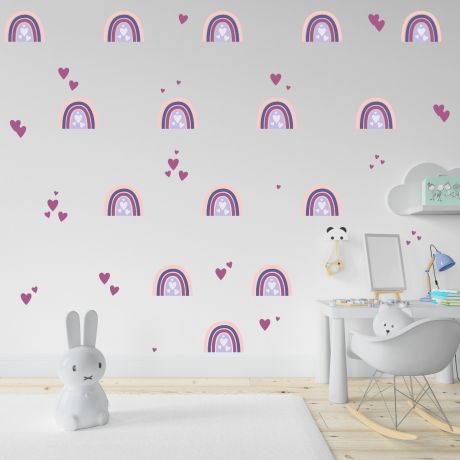Set of 24 Multicolour Rainbow and Hearts Wall Decals, Pattern for kids room wall stickers